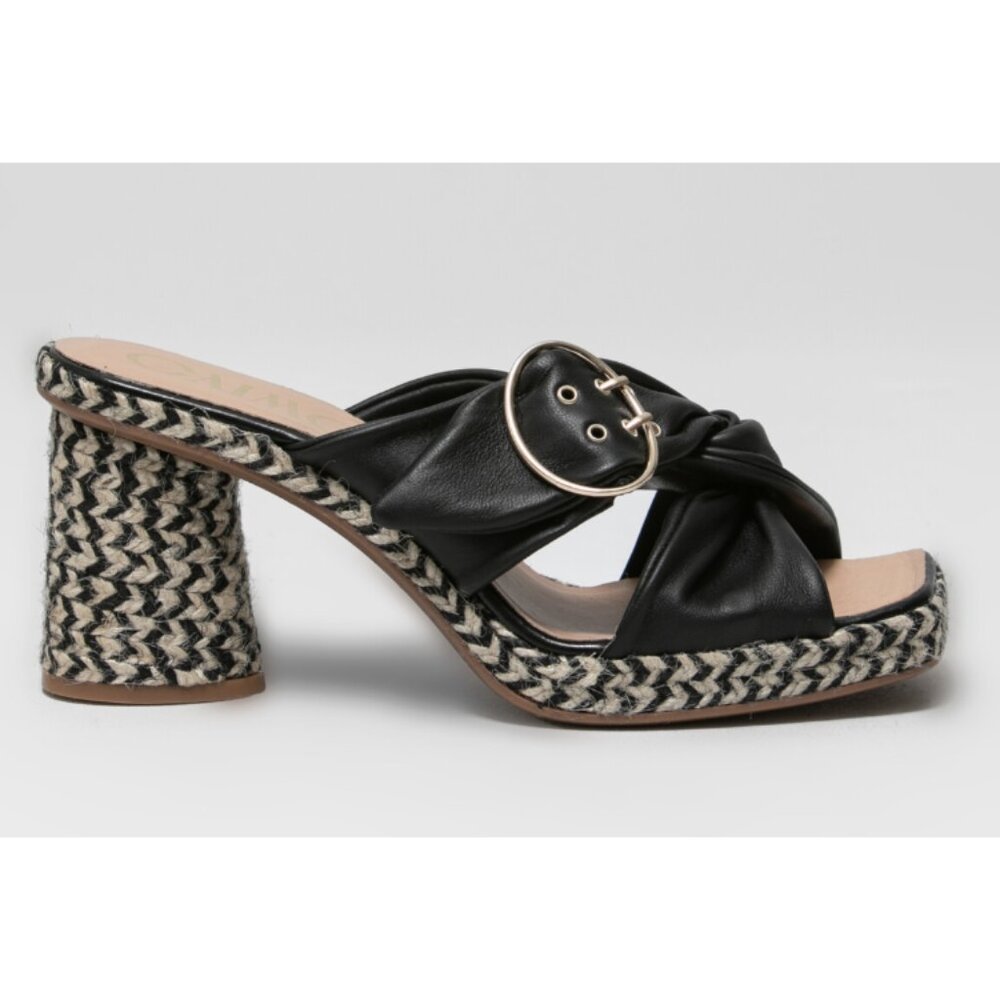 GAIMO Karoo Black Leather Cross Over Slip On Jute Platform Clog Sandals 10.5